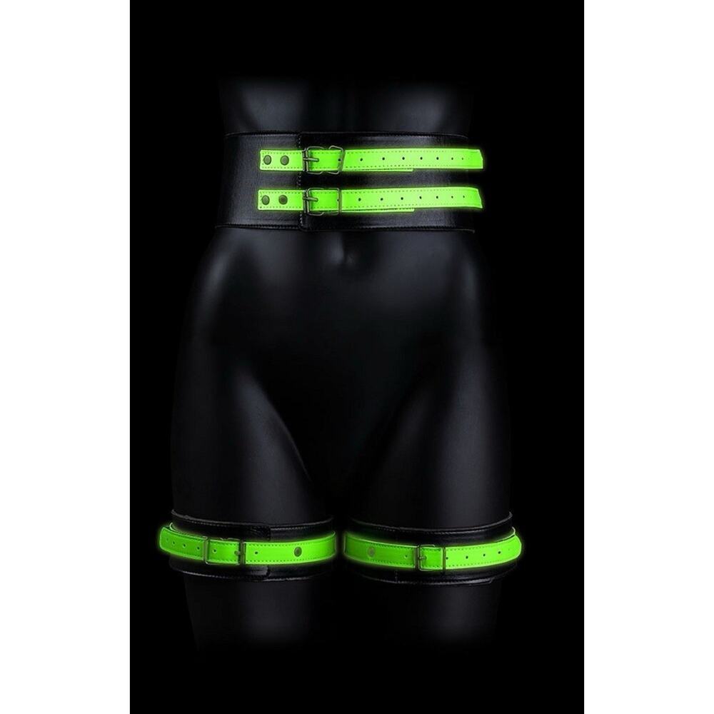 🦋B2G1🦋OUCH! Glow In The Dark NEON GREEN Thigh & Hand Cuffs W/Belt Restraint L/XL